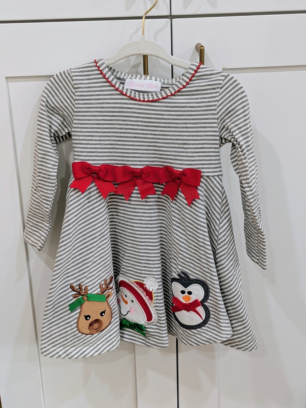 Bonnie Baby Grey & Red Striped Holiday Appliqué Dress